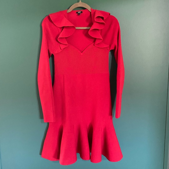 Express Dresses & Skirts - Express Body Contour Vibrant Red Knit Dress Ruffle Sleeve Christmas Perfection